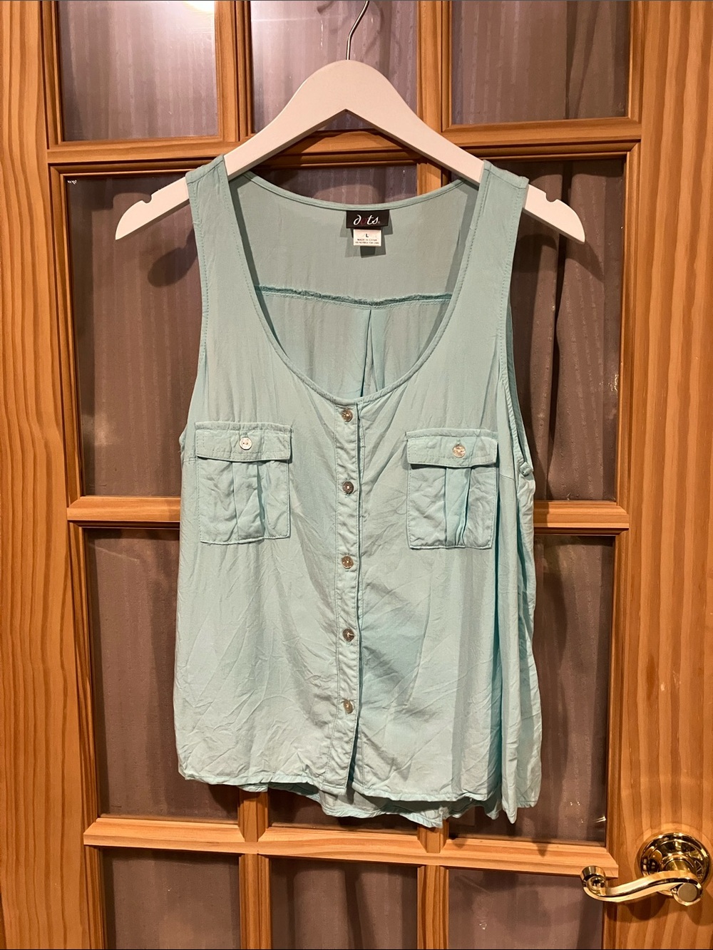 Dots Light Aqua Button-Front Tank with Chest Pockets